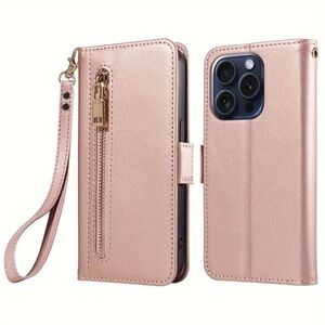 New- Faux leather iPhone wallet case zipper pocket on front, iPhone 16-rose gold